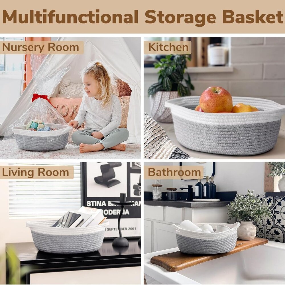 Small Woven Storage Basket with Handles, Cotton Rope Baskets for Gifts Empty, Do - Picture 6 of 8